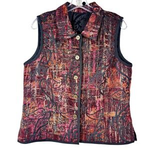 Womens Button Woven Tapestry Carpet Vest REVERSIBLE Burgandy Black Granny